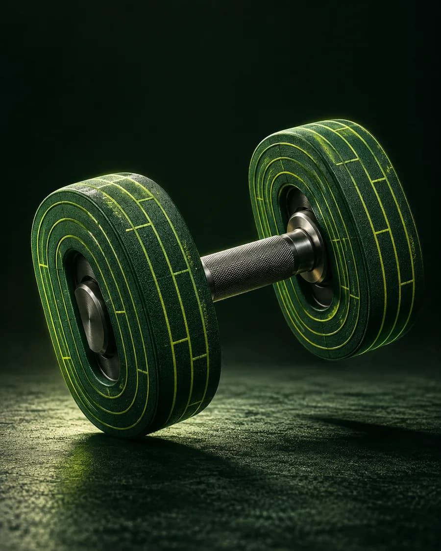 Creative illustration: a dumbbell formed from running tracks, bringing strength and endurance together