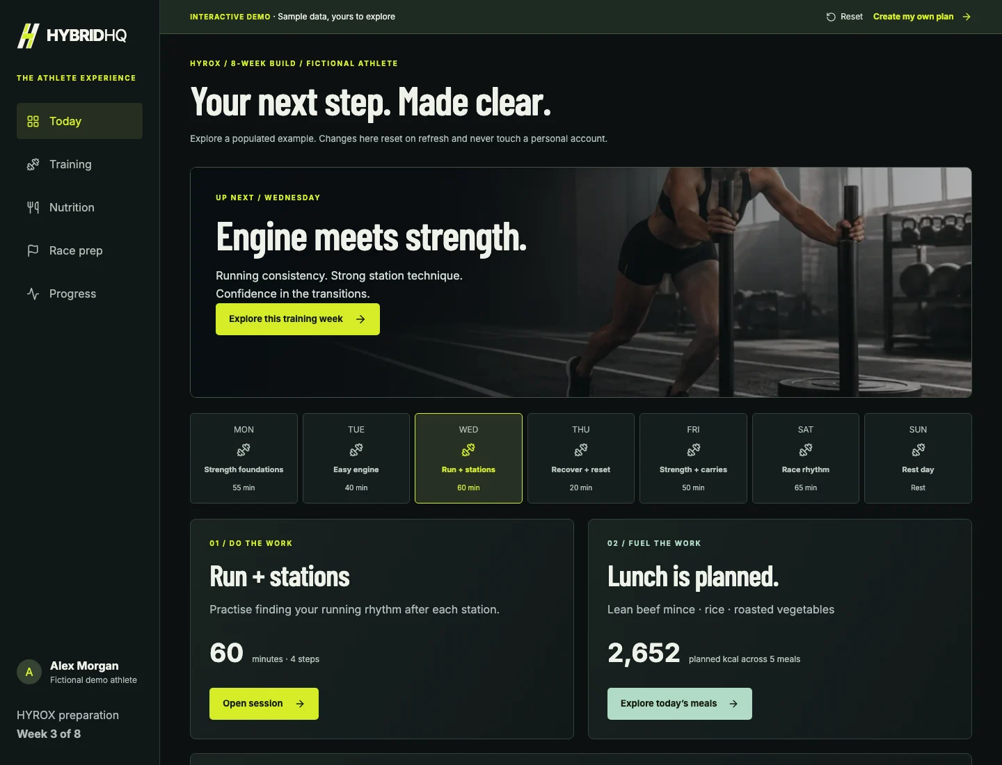 HybridHQ today app on a desktop display with example data