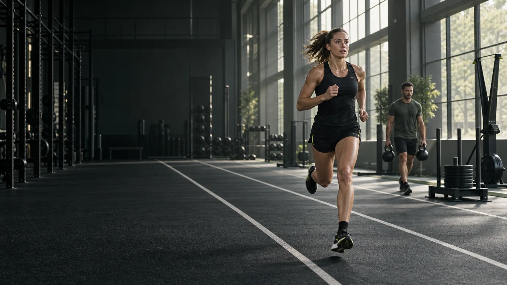 Athletes combining running and farmer carries in a hybrid training gym